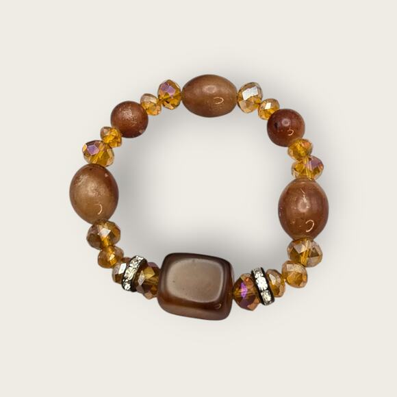 Amber Brown Beaded Stretch Bracelet with Rhinestone Spacers - Picture 1 of 7